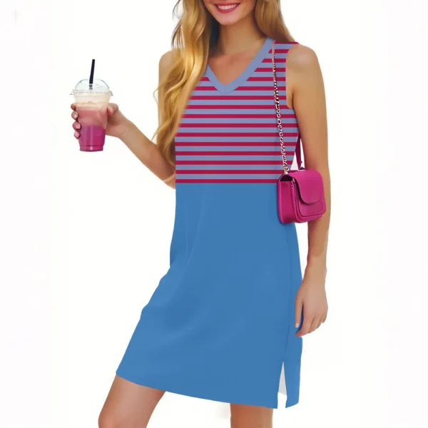 Women's Casual Fashion Sexy V-neck Sleeveless Striped Hem Slit Dress - Image 4