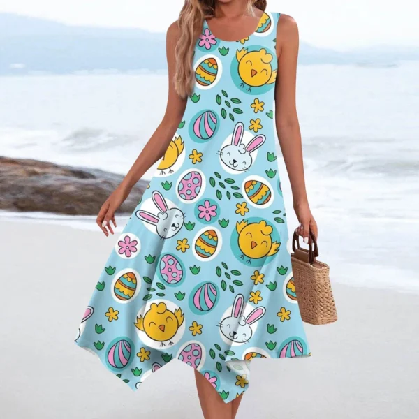 Women's Casual Fashion Round Neck Sleeveless Print Irregular Hem Midi Dress - Image 25