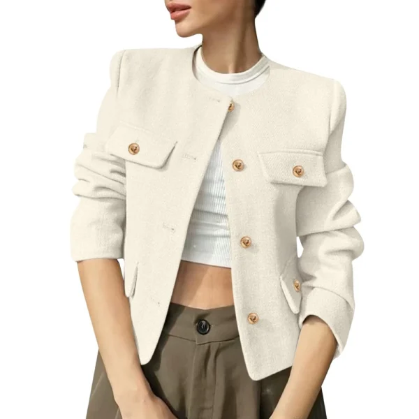 Women's Solid Color Round Neck Fashionable Button Decorated Short Jaket - Image 55