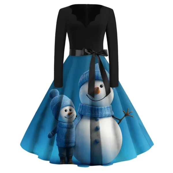 Women's Casual V-Neck Fashion Printed Christmas Long Sleeve Slim Dresses - Image 9