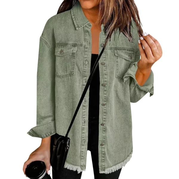 Women's Fashion Denim Shirt Jacket Milled Hem Button Casual Long Sleeve Jacket - Image 35