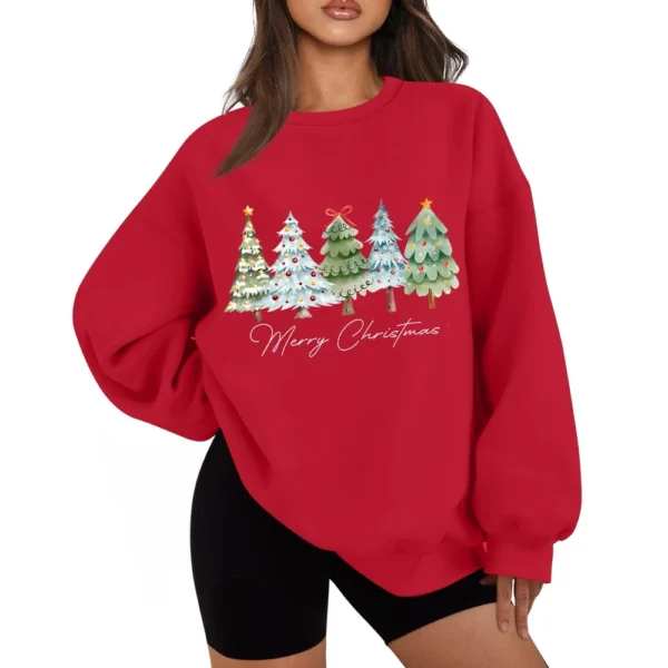 Women's Casual Fashion Long Sleeve Christmas Print Round Neck Sweatshirt Top - Image 46