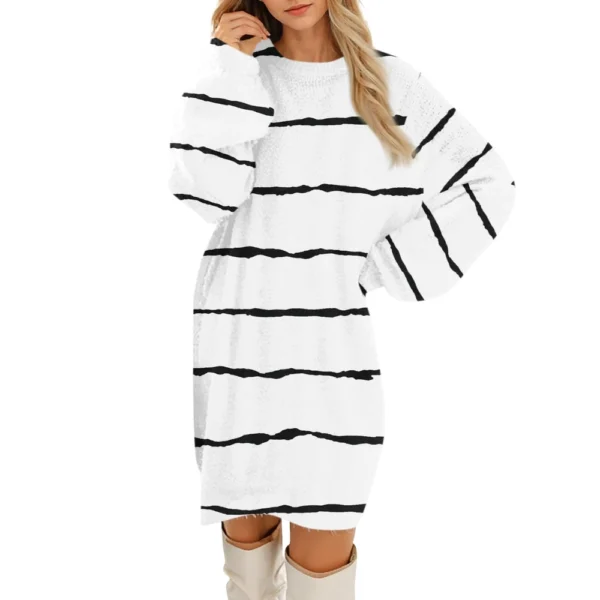Women's Round Neck Casual Long Sleeve Plush Gradient Stripe Dresses - Image 8