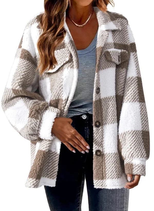 Pocket Plaid Jacket Button Plush Jacket - Image 19