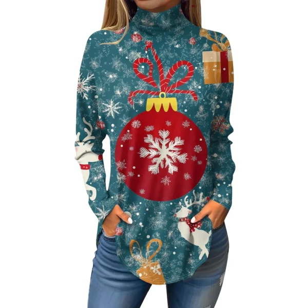 Women's Casual Pullover High Neck Christmas Long Sleeve Printed Fashion T-Shirt - Image 29