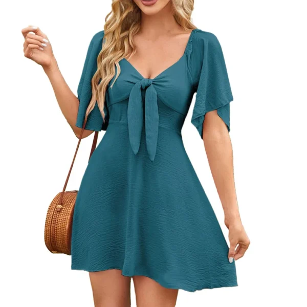 Women's Loose Casual Solid Color V-Neck Bow Tie Short Sleeved Dress Mini Dress - Image 7
