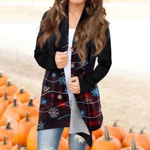 Women's Fashion Christmas Printed Jacket Cardigan Casual Medium Length Coat - Image 13