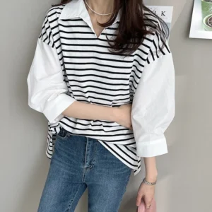 Women's Loose Striped Shirt Collar Women's Top