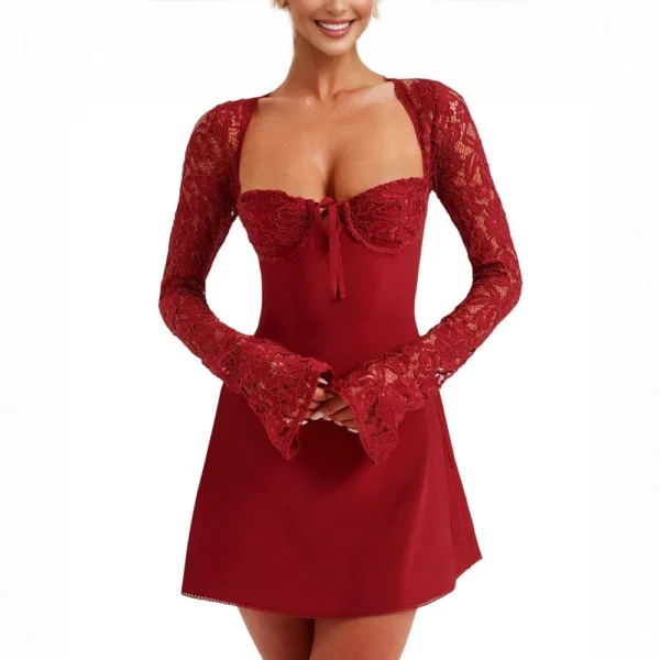 Women 's Elegant Lace Dress Lace Patchwork Long Sleeve Low Cut Dress Backless - Image 23