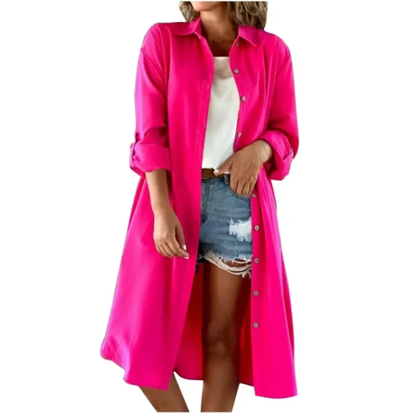 Women's Fashion Solid Color Loose Casual Comfort Lapel Long Button Coat - Image 16