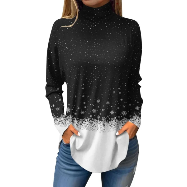Women's Casual Christmas High Neck Pullover Long Sleeve Printed Fashion T-Shirt - Image 7
