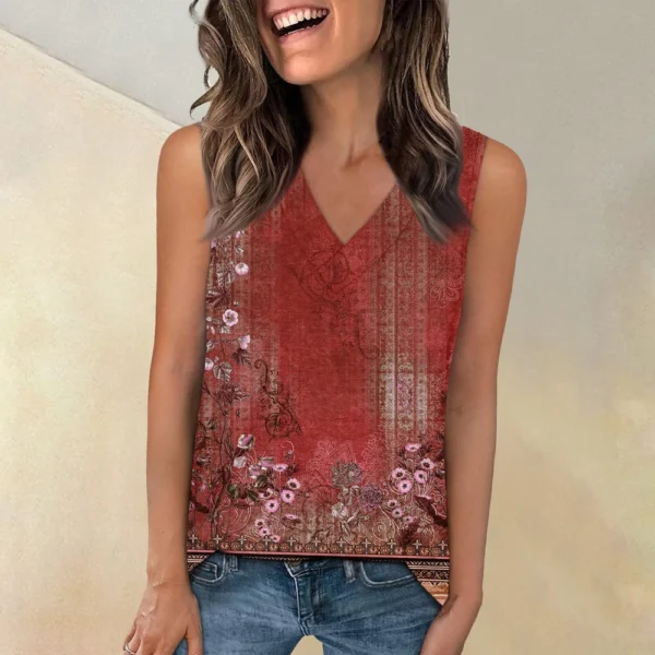 Tank Top Women Casual Printed Soft Summer V Neck Sleeveless Tops - Image 31