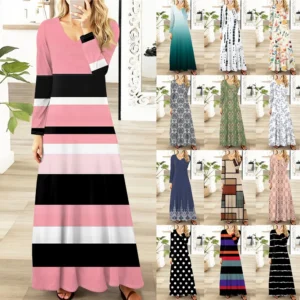Women's Casual Fashion Long Sleeve Graphic Printed Vintage Long Dresses Fall