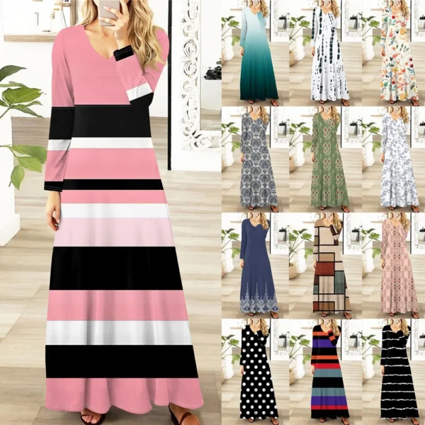 Women's Casual Fashion Long Sleeve Graphic Printed Vintage Long Dresses Fall