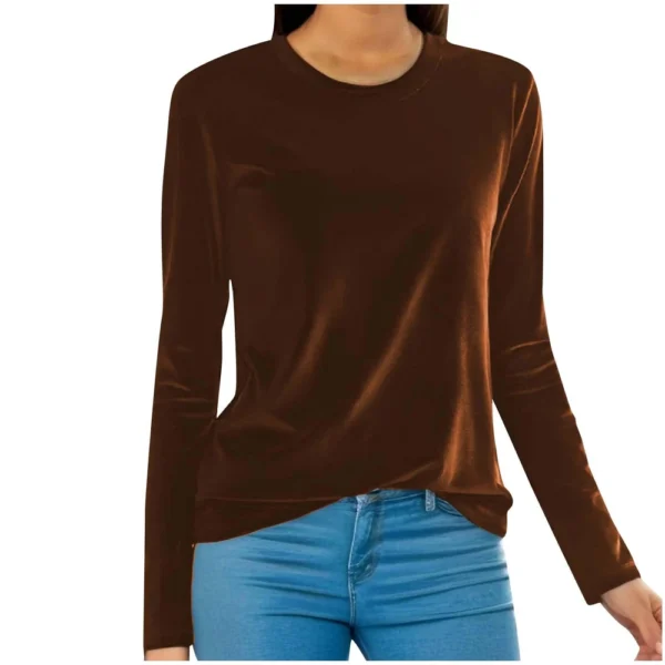 Women's Fashion Golden Velvet Solid Colour Round Neck Long Sleeve T-Shirt Top - Image 10