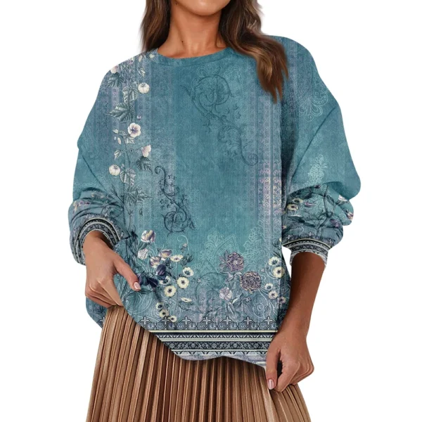 Women's Fashion Casual Round Neck Loose Long Sleeve Retro Printed Sweatshirt - Image 19