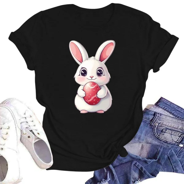 Happy Easter Women's Fashion Printed Round Neck Short Sleeve T-Shirt Pullover - Image 16