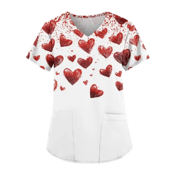 Women's Cute Printed Work Clothes V-neck Double Layer Pockets Basic Short - Image 7