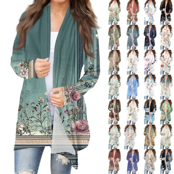 Women's Fashion Casual Vintage Floral Printed Mid-Length Cardigan Jacket - Image 11