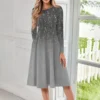 Women's Casual Fashion Round Neck Long Sleeve Print Midi Dress - Image 22