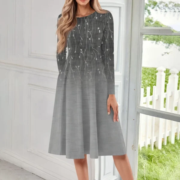 Women's Casual Fashion Round Neck Long Sleeve Print Midi Dress - Image 22