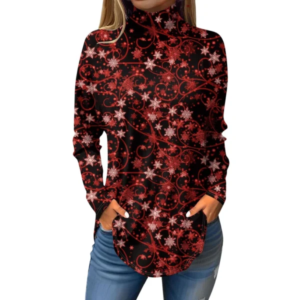 Women's Casual Printed High Neck Fashion Long Sleeve Pullover Christmas T-Shirt - Image 11