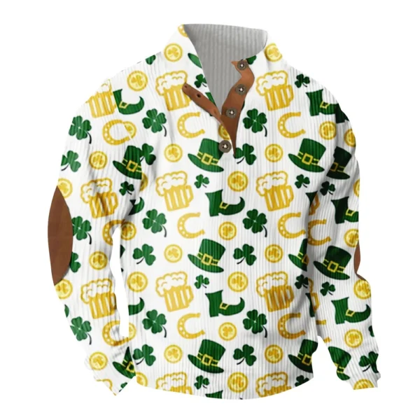 Knit Printed 3 Button - Corduroy Men's Standing Collar Pocket Sweatshirt - Image 2