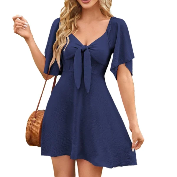 Women's Loose Casual Solid Color V-Neck Bow Tie Short Sleeved Dress Mini Dress - Image 17