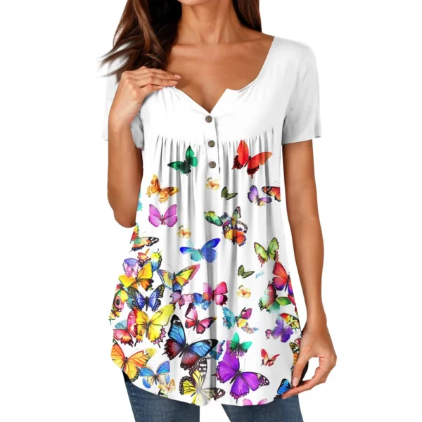 Women Tunic Tops Dressy Casual Summer Short Sleeve Shirts Loose Fit Pleated - Image 38