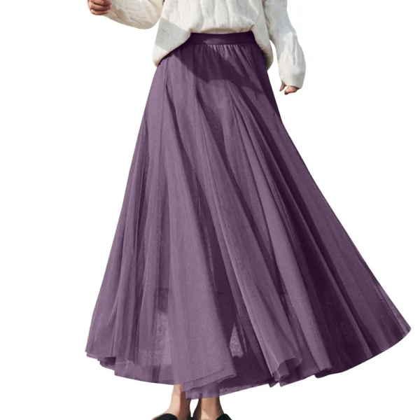 Women's Solid Color Mesh Skirt With Elastic Band Large Swing Mid Length Skirt - Image 32