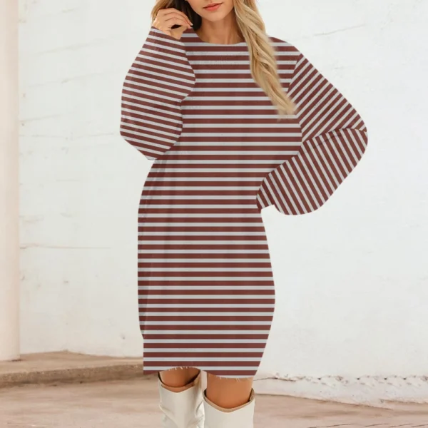 Women's Round Neck Casual Long Sleeve Plush Gradient Stripe Dresses - Image 15