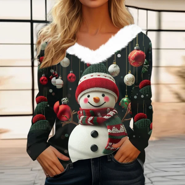 Women's Long Sleeve Christmas Printed Party Plush Neck Wide Casual V-Neck Top - Image 13