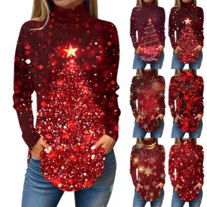 Women's Casual Christmas High Neck Pullover Long Sleeve Fashion Printed T-Shirt
