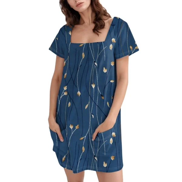 Women's Square Collar Short Sleeve Fashion Skirt Floral Print Pocket Casual - Image 3