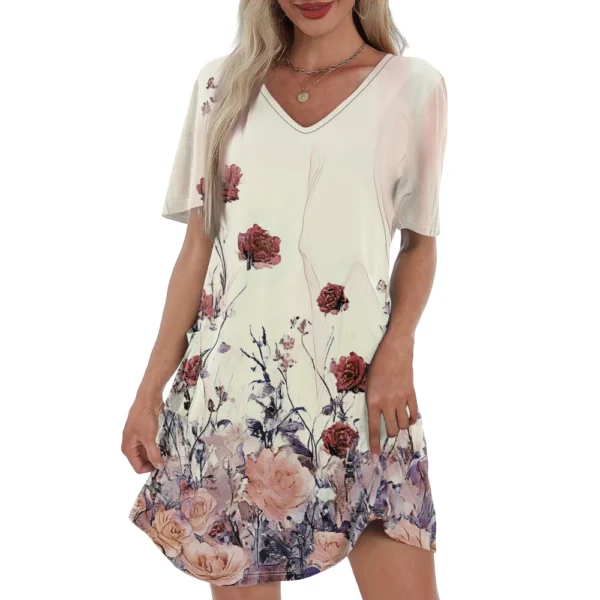 Women's Casual And Fashionable V-neck Short Sleeve Printing Mid Length Dress - Image 7