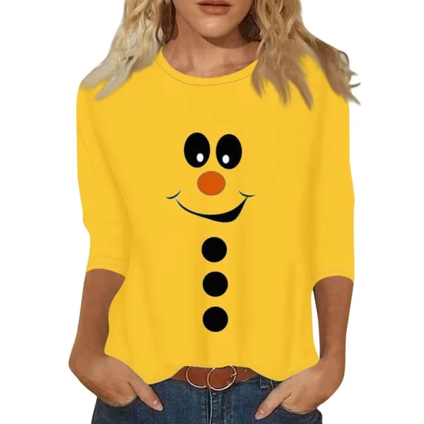 Women's Christmas Casual Round Neck T-Shirt Printed 3/4 Sleeve Loose Ladies Top - Image 4