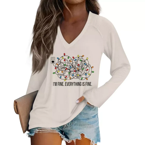 Women's Comfortable V-Neck Printed Long Sleeved Top Christmas Casual T-Shirt - Image 14
