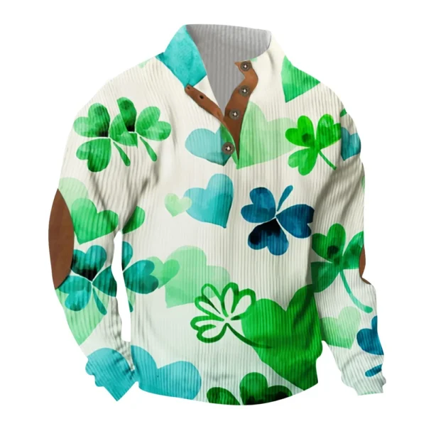 Knit Printed 3 Button - Corduroy Men's Standing Collar Pocket Sweatshirt - Image 7