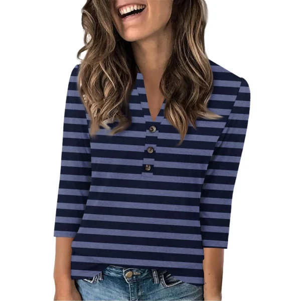 Women's Fashion Casual Loose 3/4 Sleeve Striped Printed Round Neck Top - Image 23