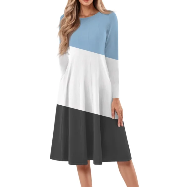 Women's Casual Fashion Round Neck Long Sleeve Print Midi Dress - Image 6