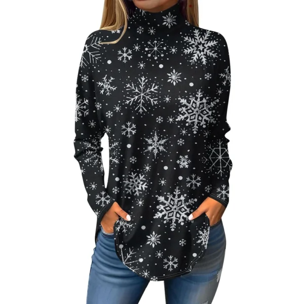 Women's Casual Printed High Neck Fashion Long Sleeve Pullover Christmas T-Shirt - Image 7