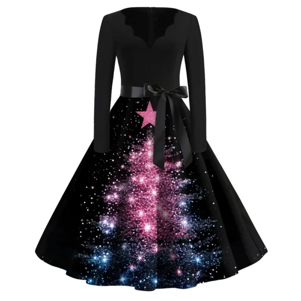 Women's Casual V-Neck Fashion Printed Christmas Long Sleeve Slim Dresses - Image 6