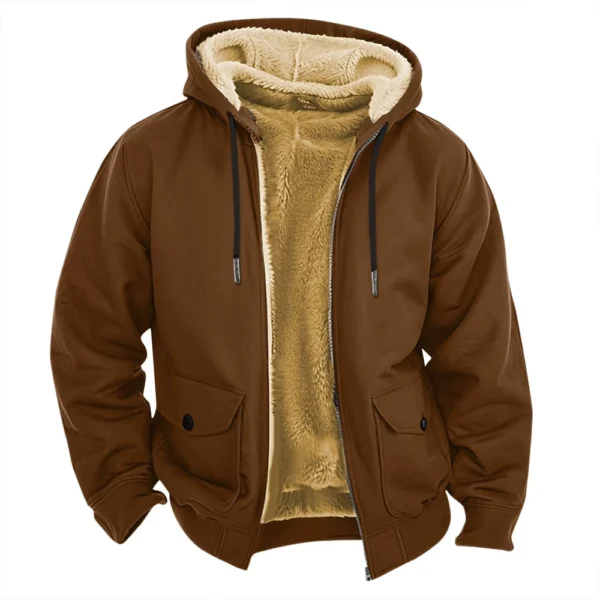 Men's Casual Zippered Pocket Hooded Jacket Men's Solid Color Fashion Warm Jacket - Image 23