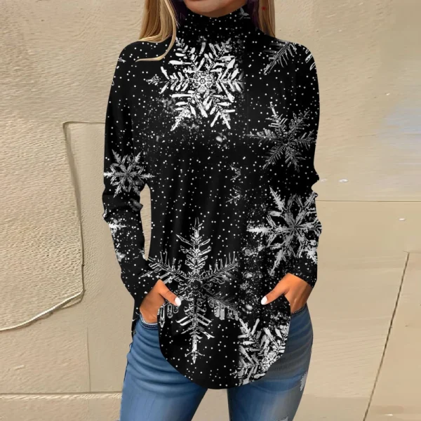 Women's Casual Christmas High Neck Pullover Long Sleeve Printed Fashion T-Shirt - Image 25