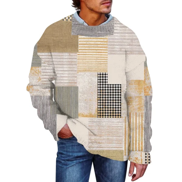 Men'S Printed Synthetic Sweater Round Neck Sportswear Loose Long Sleeved Top - Image 20