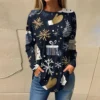 Women's Print Round Neck Christmas Loose T-Shirt Pullover Long Sleeve Top - Image 22