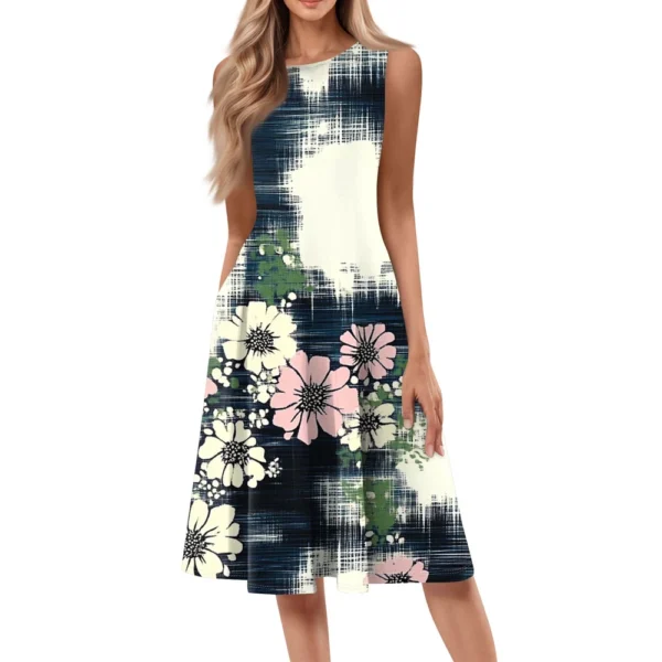 Women's Casual Fashion Floral Print Round Neck Sleeveless Solid Color Midi Dress - Image 7