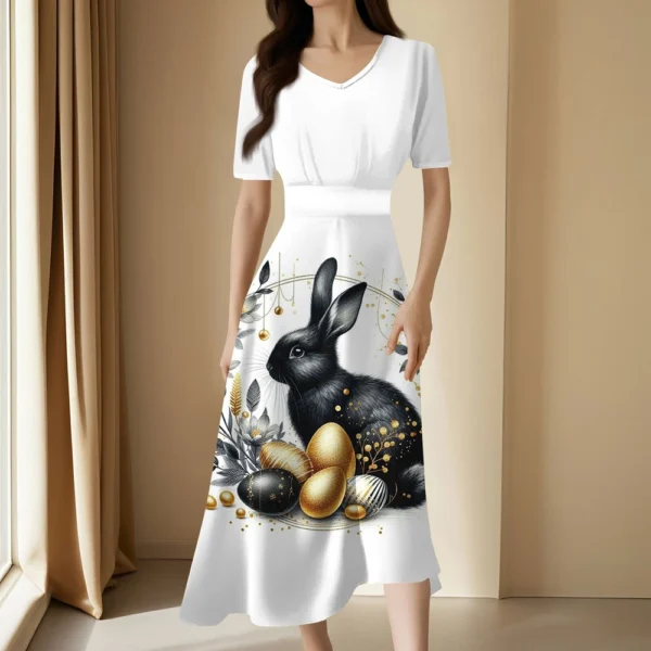 Ladies Casual Fashion Gradient Print V-Neck Short Sleeve Waist Long Swing Dress - Image 28