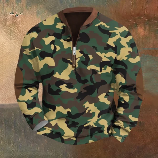 Men's Fashion Casual Half Zip Neck Loose Long Sleeve Camouflage Sweatshirt - Image 16