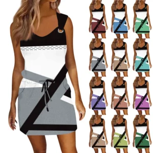 Women's Fashion Casual Printed Sleeveless Drawstring Dress With Pockets